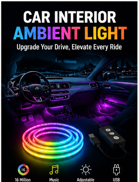 Car Interior Ambient Light LED Strip – RGB 16 Million Colors, Music Sync, App Control