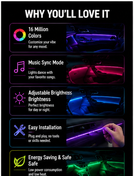 Car Interior Ambient Light LED Strip – RGB 16 Million Colors, Music Sync, App Control