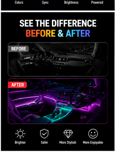 Car Interior Ambient Light LED Strip – RGB 16 Million Colors, Music Sync, App Control