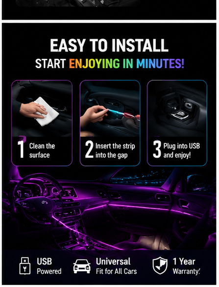 Car Interior Ambient Light LED Strip – RGB 16 Million Colors, Music Sync, App Control