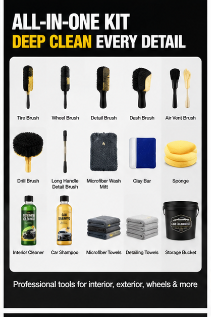 Car Cleaning Kit – Complete Interior & Exterior Detailing Set with Brushes, Cleaner & Microfiber Towels