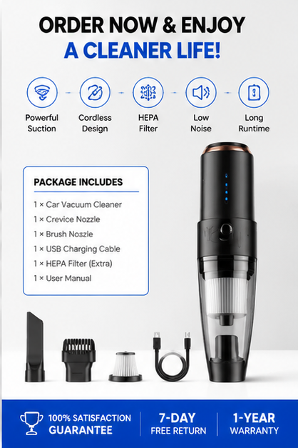 Cordless Car Vacuum Cleaner – High Power Portable Handheld Vacuum for Car, Home & Pet Hair