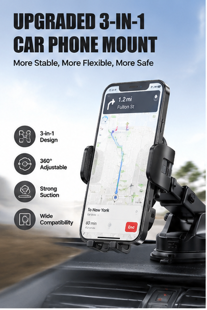 Car Phone Holder – 360° Adjustable Strong Suction Mount, Universal Car Phone Mount for Dashboard & Windshield