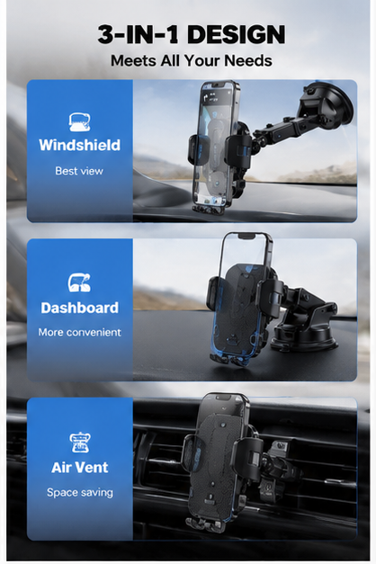 Car Phone Holder – 360° Adjustable Strong Suction Mount, Universal Car Phone Mount for Dashboard & Windshield
