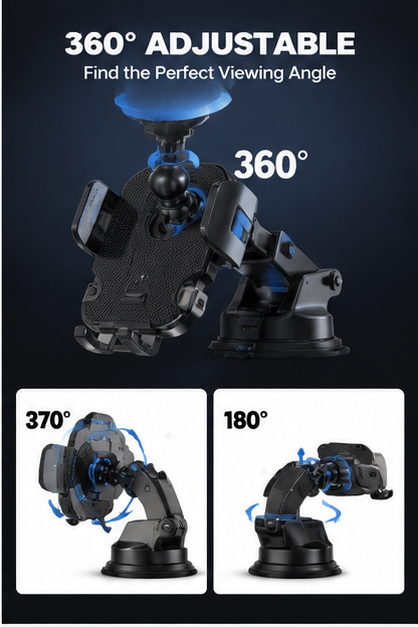 Car Phone Holder – 360° Adjustable Strong Suction Mount, Universal Car Phone Mount for Dashboard & Windshield