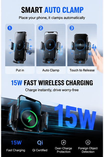 Smart Car Phone Holder – Auto Clamp Wireless Charging Mount 15W Fast Charge, 360° Rotation