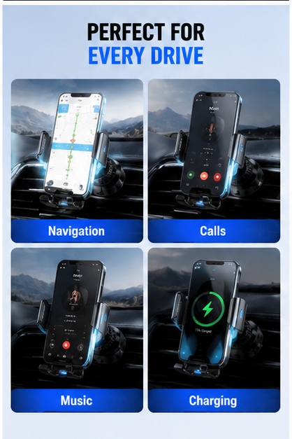 Smart Car Phone Holder – Auto Clamp Wireless Charging Mount 15W Fast Charge, 360° Rotation