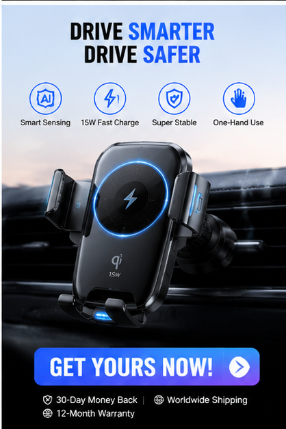 Smart Car Phone Holder – Auto Clamp Wireless Charging Mount 15W Fast Charge, 360° Rotation