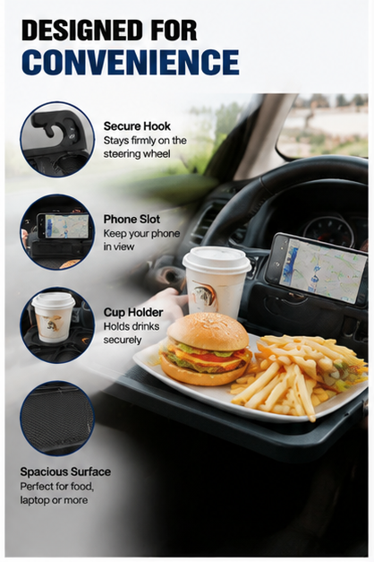 Steering Wheel Tray Table – Car Laptop Desk & Food Table, Foldable Car Steering Wheel Desk