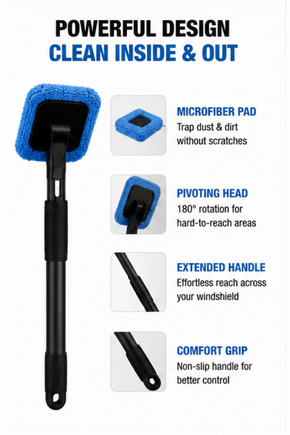 Windshield Cleaning Tool – Car Interior Glass Cleaner with Extendable Handle & Microfiber Head