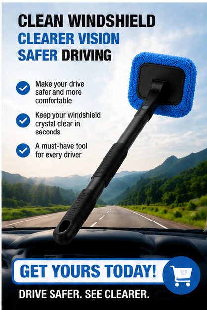 Windshield Cleaning Tool – Car Interior Glass Cleaner with Extendable Handle & Microfiber Head